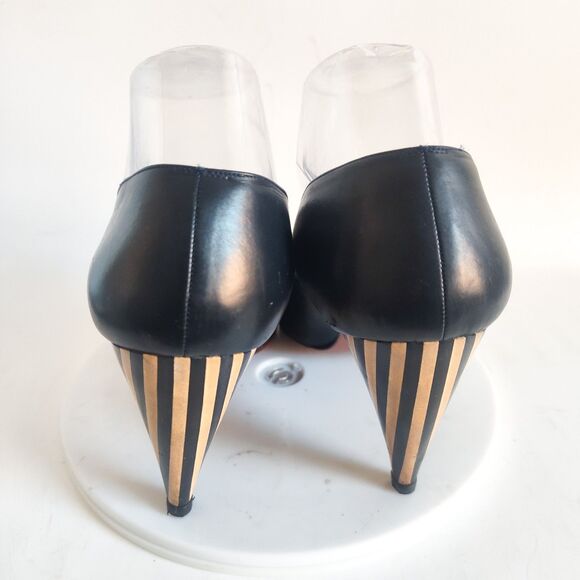 Petra Firenze Heels 9.5 Italian Leather Sole Pumps Navy Blue Pointy Toe Striped - Picture 3 of 13